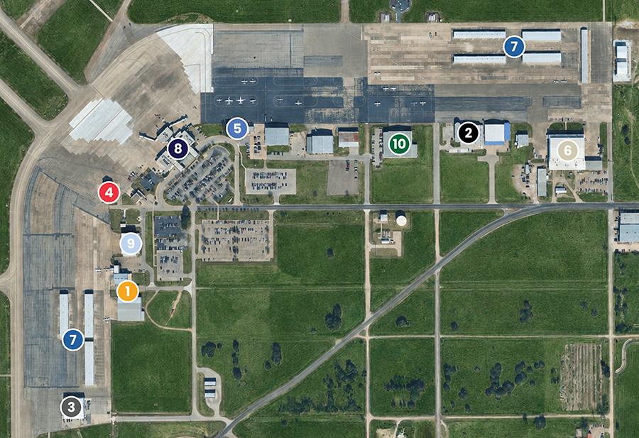Aerial view of the Waco Airport with numbers designating the businesses listed in the directory.